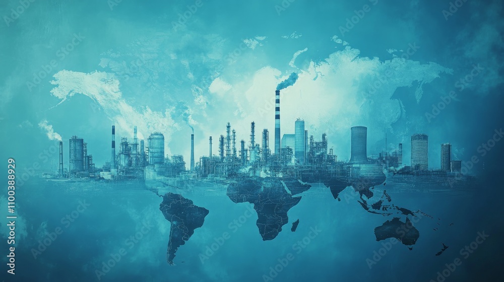 Fototapeta premium Blank World map overlay with large industry factory building, Power plant, Petroleum complex background on blue color tone graphic for world wide business present background.