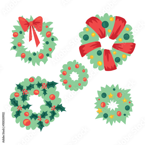 flat Christmas  wreath set with red bow and green and red decorations