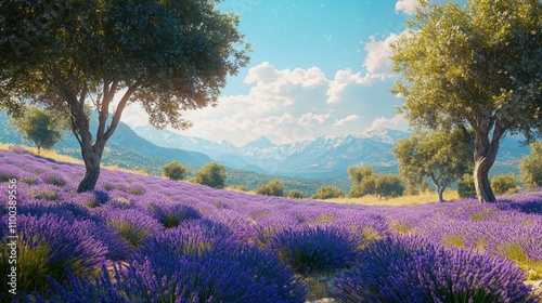 Beautiful lavender field in Provence under the blue sky at sunset - lavender, field, sunset, trees, landscape, nature, flowers, purple, rural, sky, horizon, outdoors, scenic, serene, flowering, countr photo