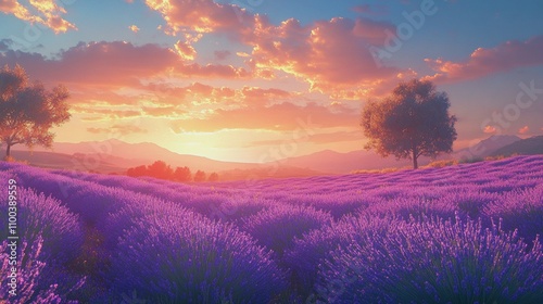 Beautiful lavender field in Provence under the blue sky at sunset - lavender, field, sunset, trees, landscape, nature, flowers, purple, rural, sky, horizon, outdoors, scenic, serene, flowering, countr photo