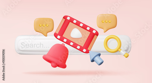 Search bar Movie ticket online notification bell cinema coupon booking ticket service show concert event entertainments, 3D vector icon streaming playing video multimedia.
