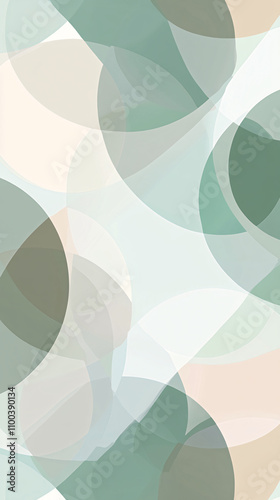 Abstract shapes create a serene composition with overlapping circles in muted greens and soft beiges conveying calmness and simplicity