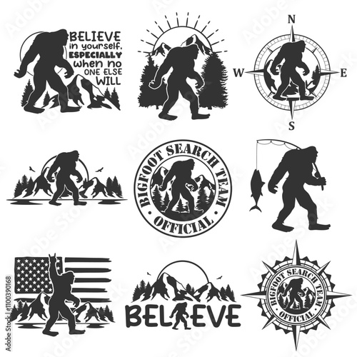 Bigfoot Collection Illustration Clip Art Design Shape. Yeti  Silhouette Icon Vector.