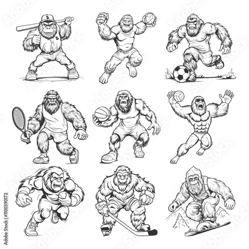 Bigfoot Sport Bundle Illustration Clip Art Design Shape. Sports Collection Silhouette Icon Vector.	
