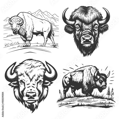 Bison Illustration Clip Art Design Shape. Buffalo Silhouette Icon Vector.	