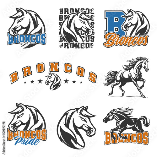 Broncos Illustration Clip Art Design Shape. School Team Mascot Silhouette Icon Vector.	
