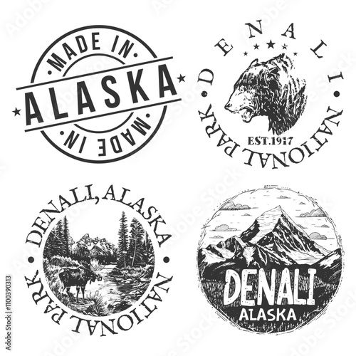 Denali, Alaska Illustration Clip Art Design Shape. National Park Vintage Icon Vector Stamp.	
