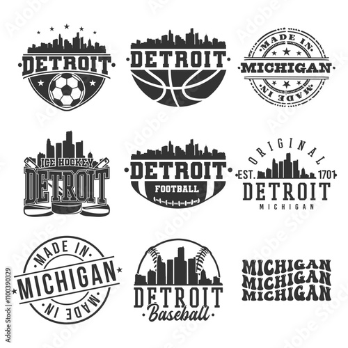 Detroit, MI, USA Sport Bundle Vector Art. City Skyline School Team Emblem.