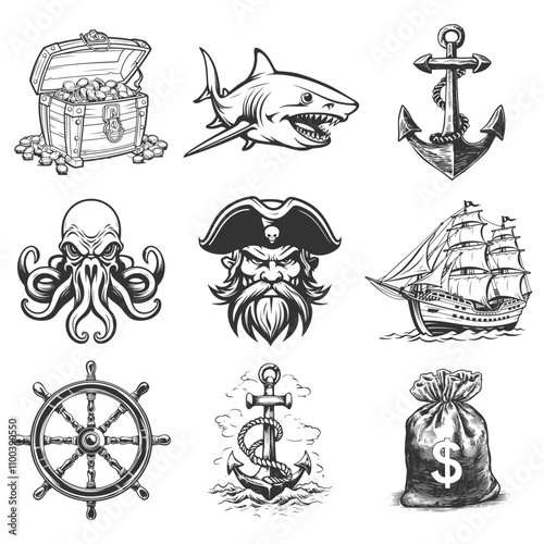 Pirate Illustration Clip Art Design Shape. Corsair Silhouette Icon Vector.	