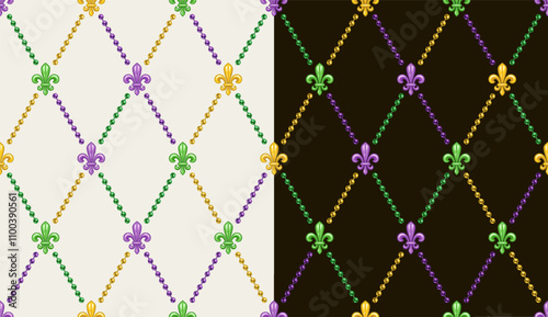 Geometric pattern with colorful fleur de lis symbol. Diagonal rhombus grid. Decoration for Mardi Gras carnival. Vintage style illustration