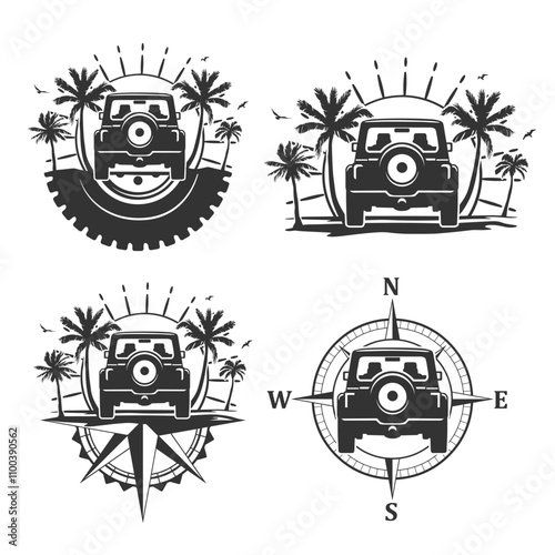 Off Road Beach Illustration Clip Art Design Shape. 4x4 Summer Travel Silhouette Icon Vector.