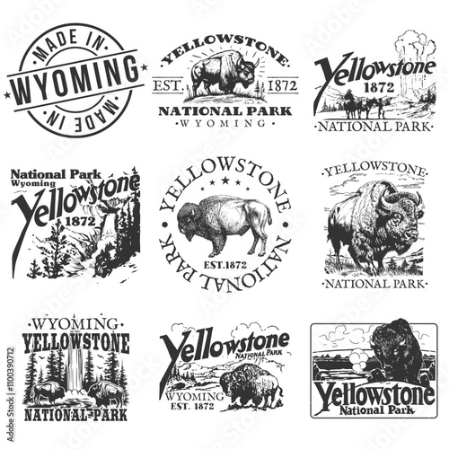 Yellowstone National Park, WY, USA Illustration Clip Art Design Shape. Bison Animal Silhouette Icon Vector.	