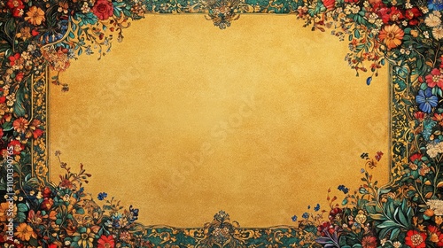 Persian Miniature Border: Mythical Snakes and Paradise Gardens on Gold Leaf Background, Ornate Floral Arabesques, 4K Fine Art Quality with Central Copy Space.