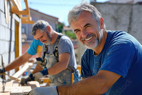 A team of volunteers working together to repair a community facility photo