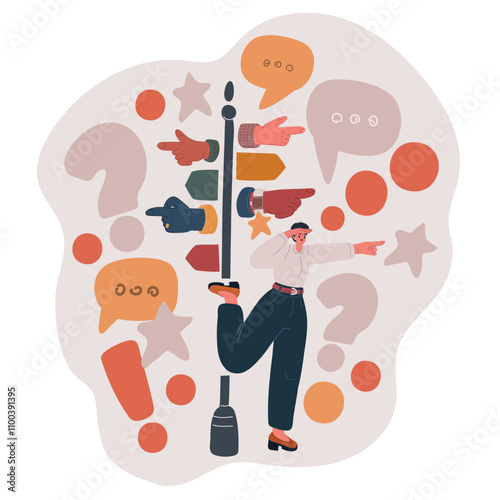 Cartoon vector illustration of a woman showing direction near a signpost with arrows
