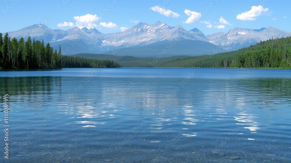 Serene lake embraced by majestic mountains, reflecting stunning peaks on the calm, still waters