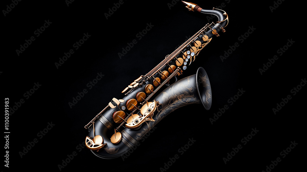 Fototapeta premium Elegant black saxophone on dark background