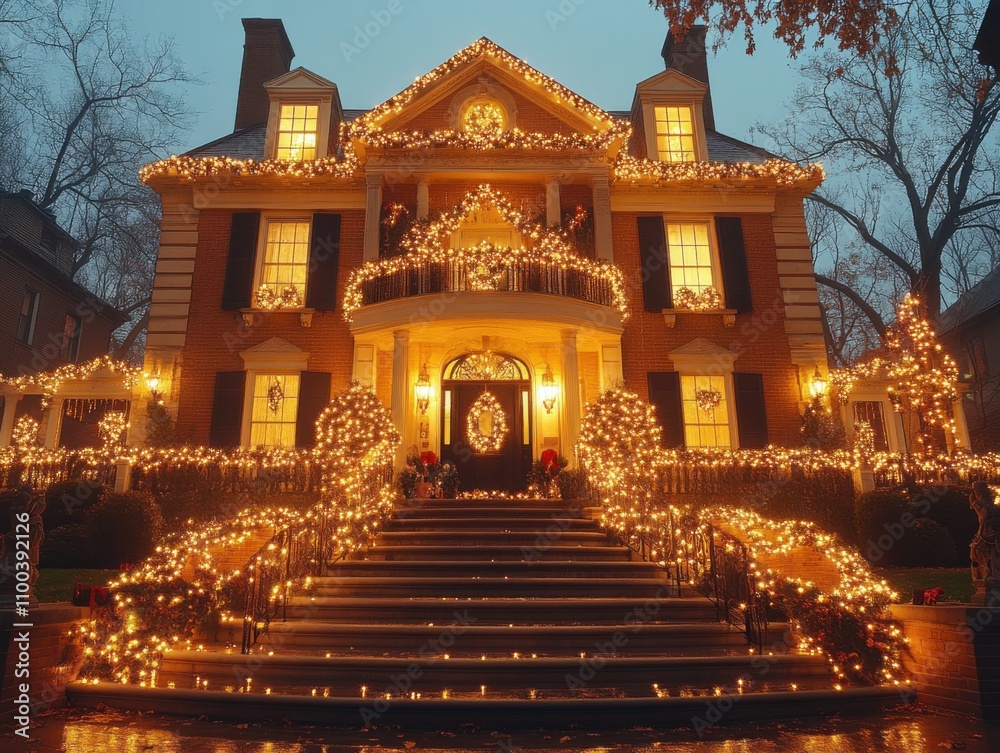 Fototapeta premium The snow-covered house, decorated with bright garlands, creates an atmosphere of warmth and coziness in a cold winter evening. Ideal for creating New Year’s cards, posters, web design and other festiv