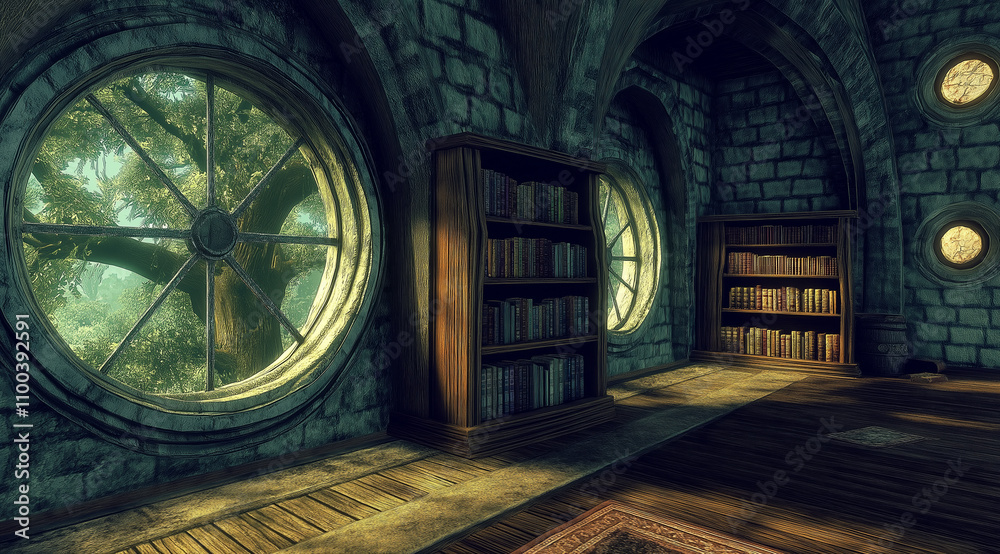 Obraz premium Enchanted Library Nestled in a Forest Surrounded by Lush Greenery 