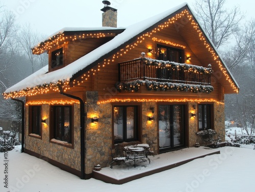 The snow-covered house, decorated with bright garlands, creates an atmosphere of warmth and coziness in a cold winter evening. Ideal for creating New Year’s cards, posters, web design and other festiv photo