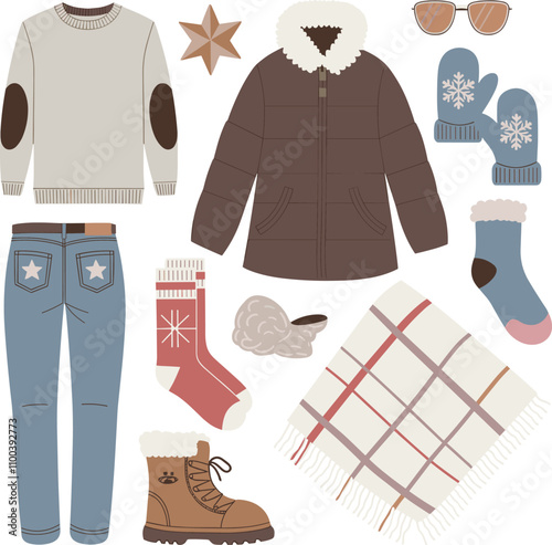 Winter clothing items: sweaters, jackets, hats, scarves, gloves, boots, and sunglasses.