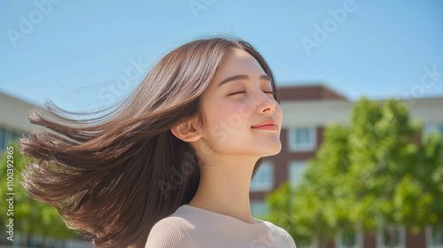 Young asian female enjoying sunny day outdoors with eyes closed