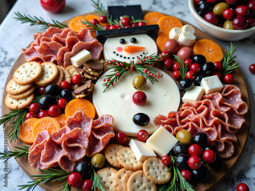 Obraz premium Cheerful snowman charcuterie board for holiday celebrations and gatherings, photography of food art concept.