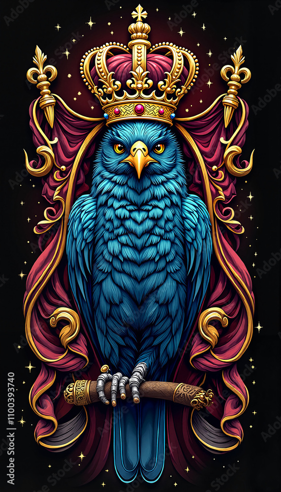 Naklejka premium Regal blue bird wearing a golden crown surrounded by rich curtains and stars for t-shirt design