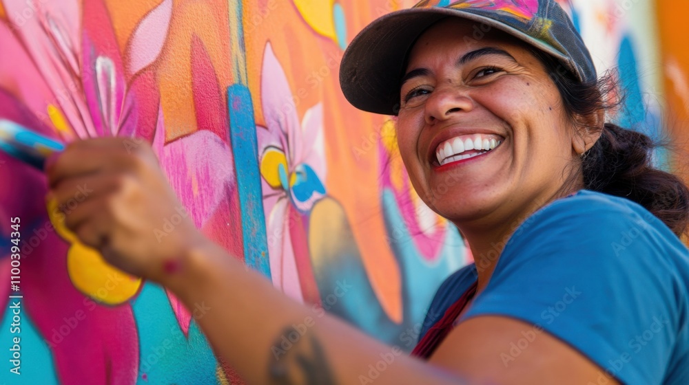 Obraz premium The vibrant smile of a street artist creating murals in an urban neighborhood, Symbolizing cultural expression amidst city revitalization, photography style