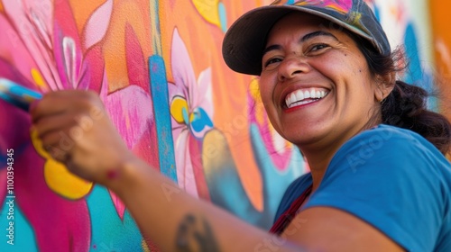 The vibrant smile of a street artist creating murals in an urban neighborhood, Symbolizing cultural expression amidst city revitalization, photography style