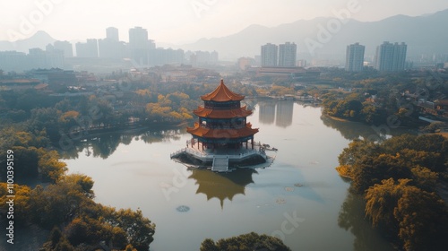 Aerial view of city skyline and modern buildings at sunrise in Ningbo, Zhejiang Province, China. East new town of Ningbo, It is the economic, cultural and commercial center of Ningbo City.