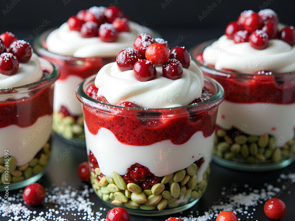 Delicious layered cranberry dessert cups with cream and nuts, photography of food concept. Delicious layered cranberry dessert cups with cream and nuts, photography of food concept.