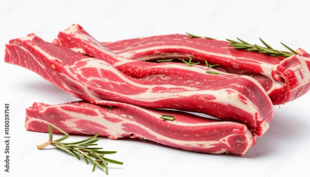 Fototapeta premium Close-up of raw lamb ribs with rosemary on white background. AI generated.