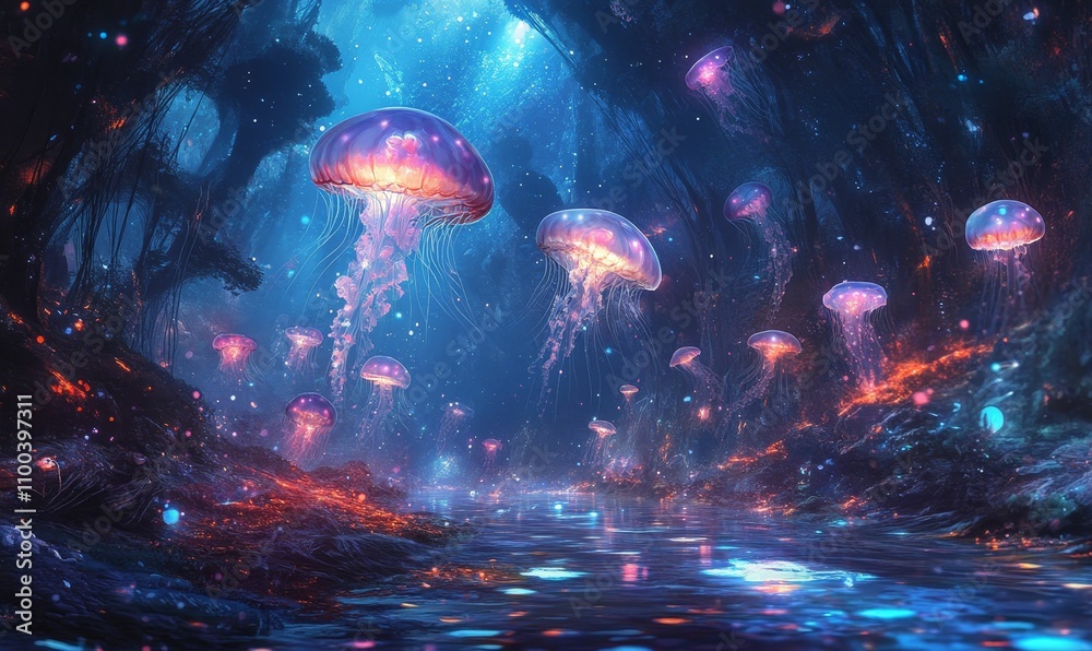 Obraz premium Glowing jellyfish illuminate a magical underwater forest.