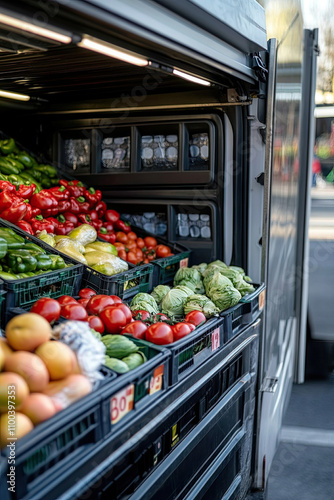 Refrigerated truck delivering fresh produce to a market photo