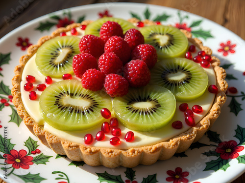 Vibrant fruit tart with kiwi, raspberries, and pomegranate on festive plate, photography of food art concept. photo