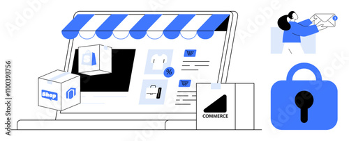 E-commerce storefront with packages, shopper, and lock icon to symbolize online security. Ideal for e-commerce, online shopping, cybersecurity, digital marketing, and small business themes. Clean