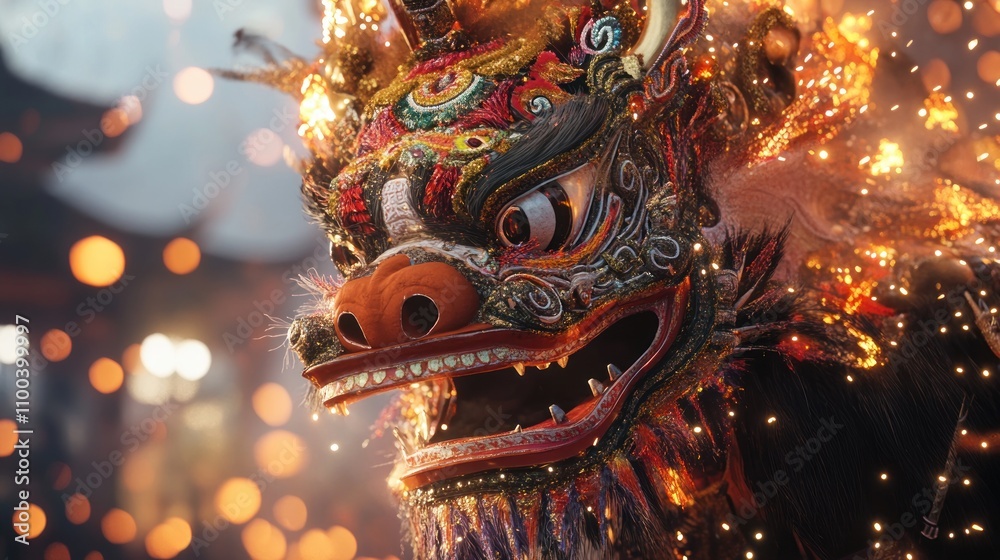 Naklejka premium A vibrant dragon mask adorned with colorful details, symbolizing cultural festivities.