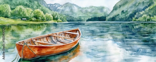 Digital watercolor artwork of a panoramic landscape featuring rowing boats on a lake, with a jetty and mountains in the background.