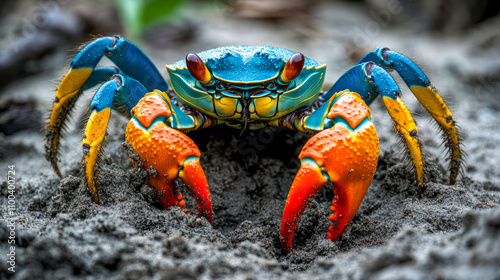 Colorful land crab with vibrant blue and orange shell on sandy beach photo