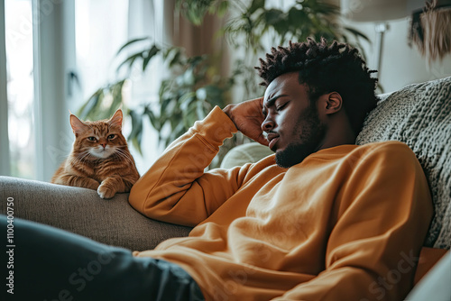 A distressed man sits with a cat on a couch in a cozy living room, expressing concern photo