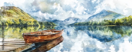 Panoramic landscape digital watercolor painting showing rowing boats on a lake, with a jetty and mountains in the background.