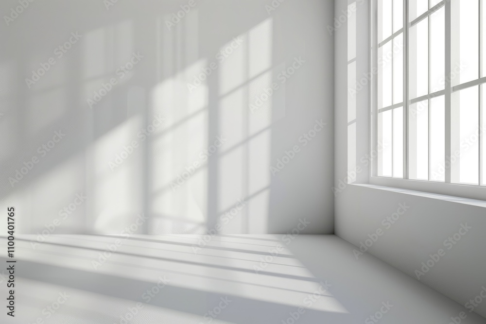 Fototapeta premium White studio background with window shadows for product presentation.