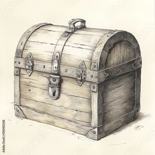Illustration of a rustic wooden chest with arched lid, metal reinforcements, and a secure lock, rendered in a vintage sketch style on a beige background
Concept: vintage storage, antique design, treas