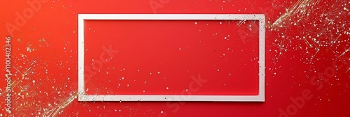 bright red background with a simple white rectangular frame in the center, leaving all space inside the frame open for text. Subtle golden sparkles near the edges add a festive accent 