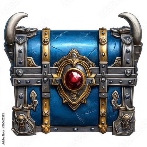 Illustration of an ornate blue treasure chest with gold and silver details and a red gem in the center, featuring fantasy elements
Concept: fantasy treasure, game design, medieval decor, adventure rew