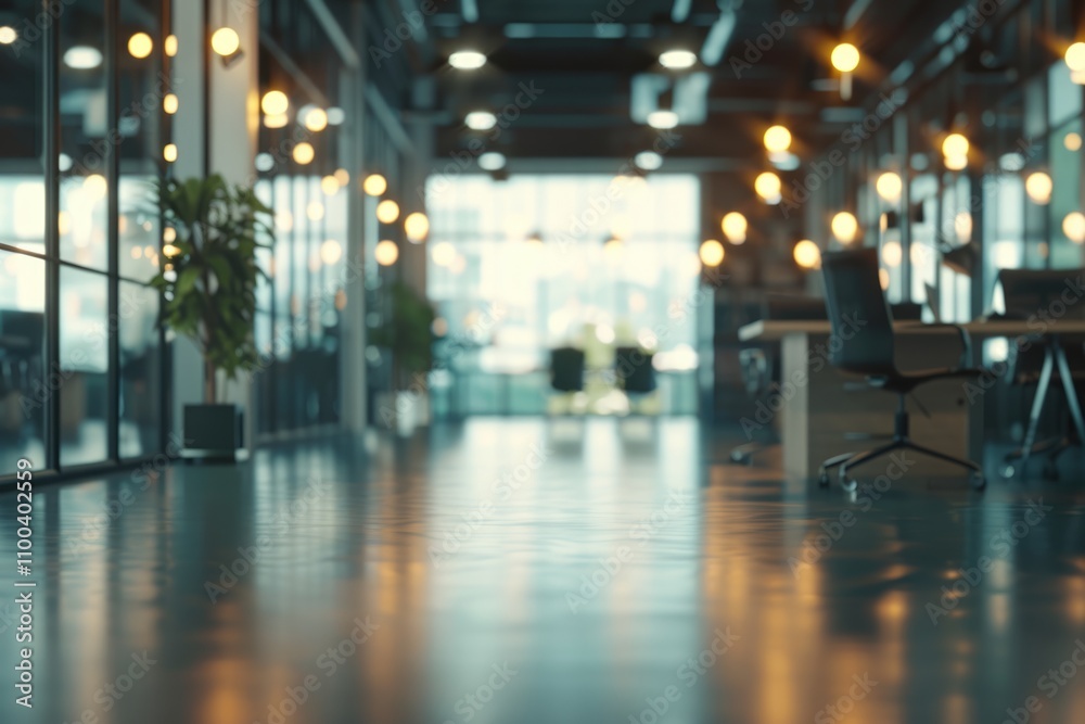Fototapeta premium Blurred empty open space office. Abstract light bokeh at office interior background for design.