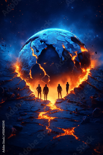 A fragmented Earth glows with lava beneath, while four figures stand in awe against a cosmic blue and orange backdrop