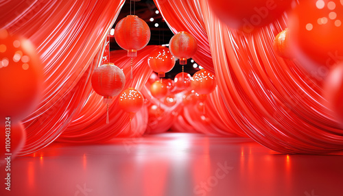 Chineses New Year podium. Vibrant red decorations with balloons and flowing fabric. photo