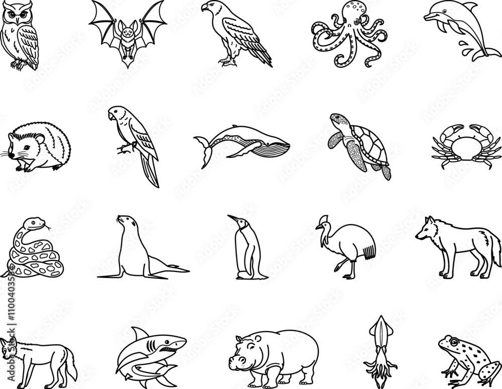 Fototapeta premium Animal Icons. Vector Illustrations of Owl, Bat, Eagle, Octopus, Dolphin, Hedgehog, Parrot, Whale, Turtle, Crab, Snake, Penguin, Cassowary, Wolf, Shark and Others